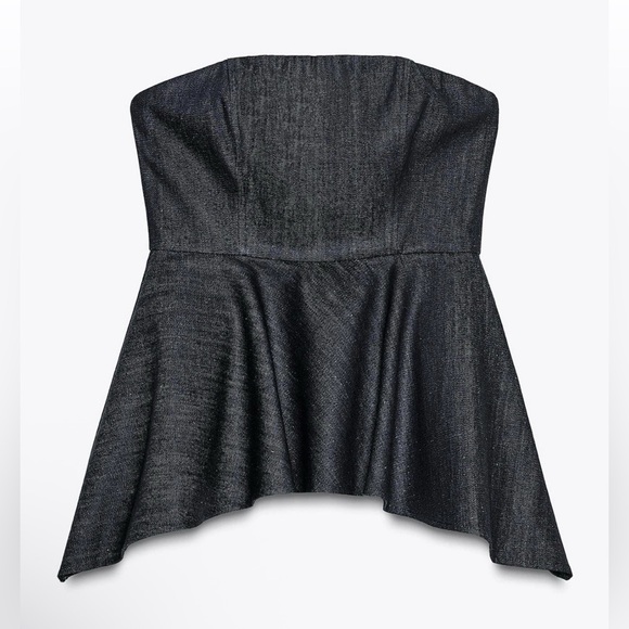 ZARA Denim strapless top Size Medium Asymmetric hem Hidden inseam zip closureNWT - Picture 6 of 14